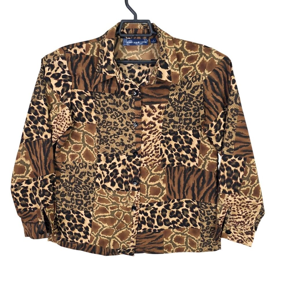 Womens Susan Graver Brown Animal Print Button Up Shirt Long Sleeve Polyester S